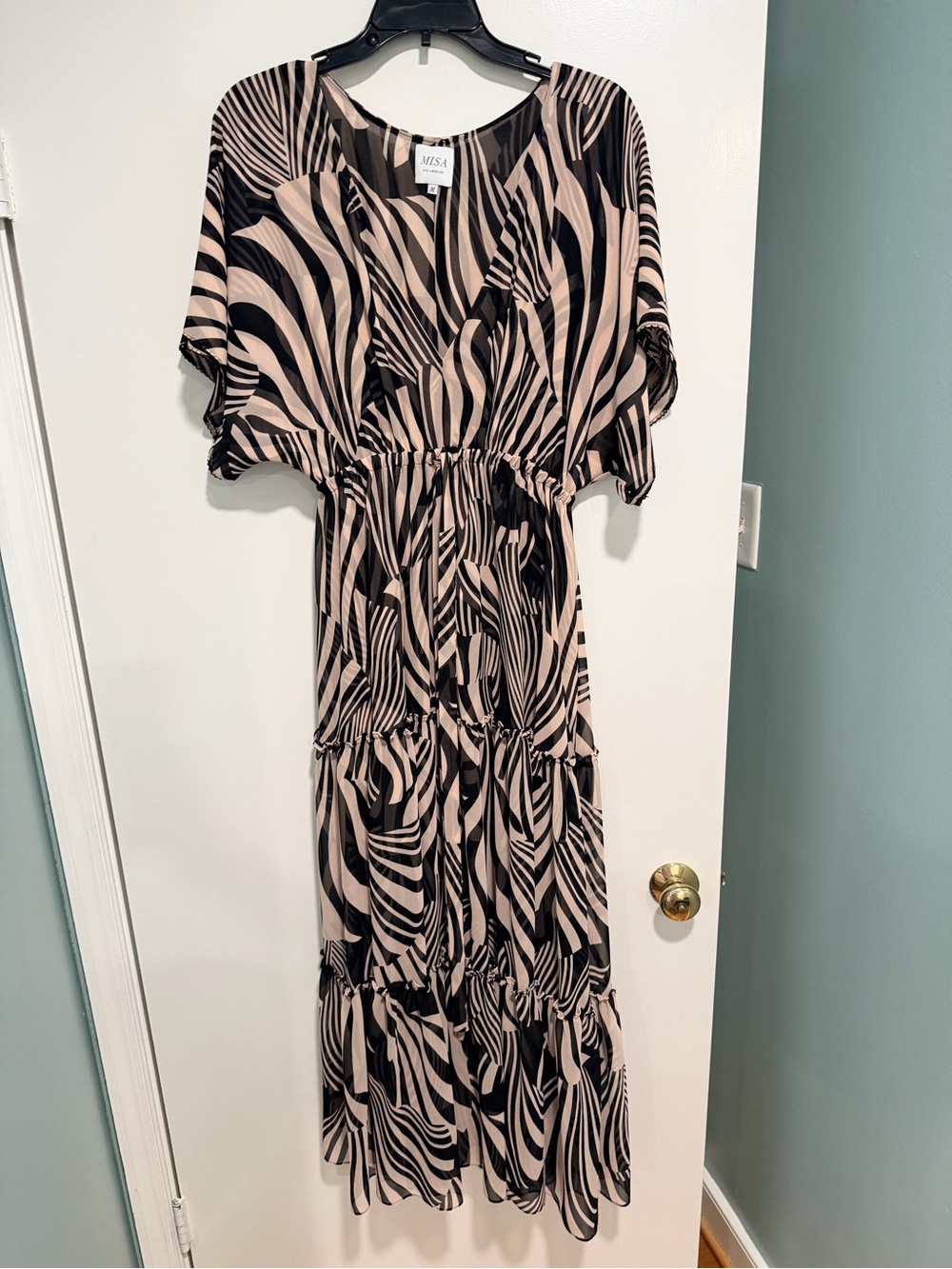 Black & Blush Pink/Beige Zebra Print Tiered Maxi Dress